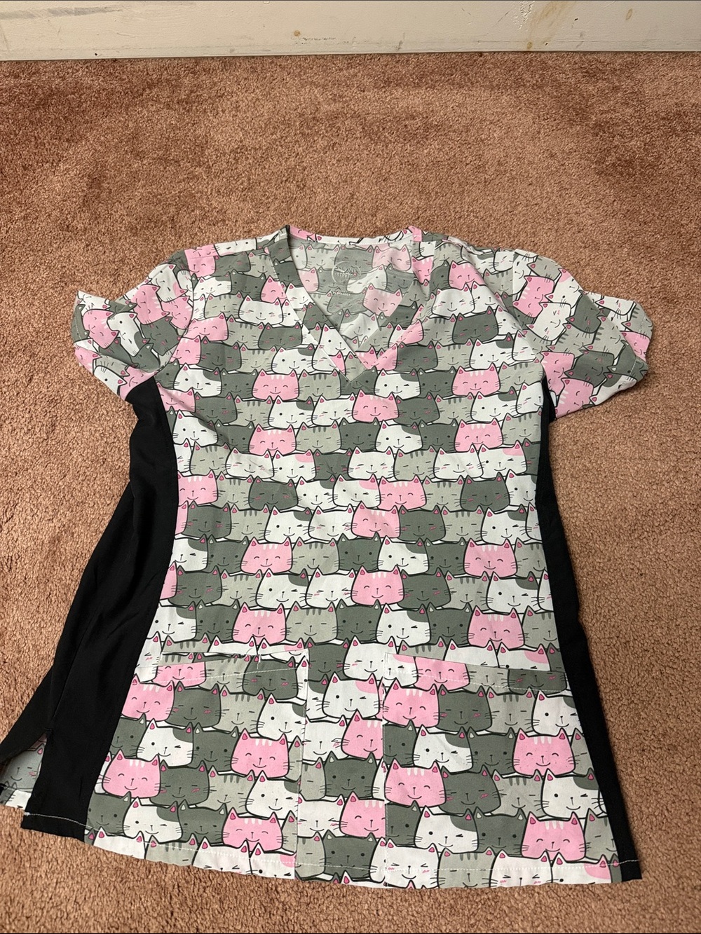 Cat Print V-Neck Scrub Top in Pink, Gray & White